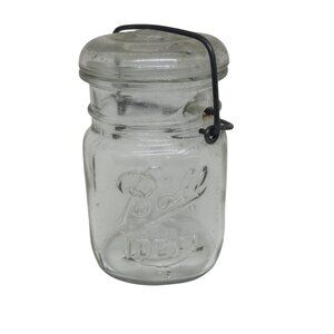 VTG Antique Ball Ideal 12oz Mason Jar w/ Glass Lid & Wire Bail 5.5" Canning Jar